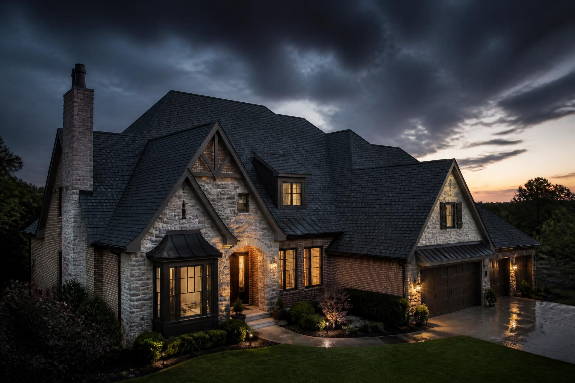 Upscale home with a newly installed dark architectural shingle roof at dusk